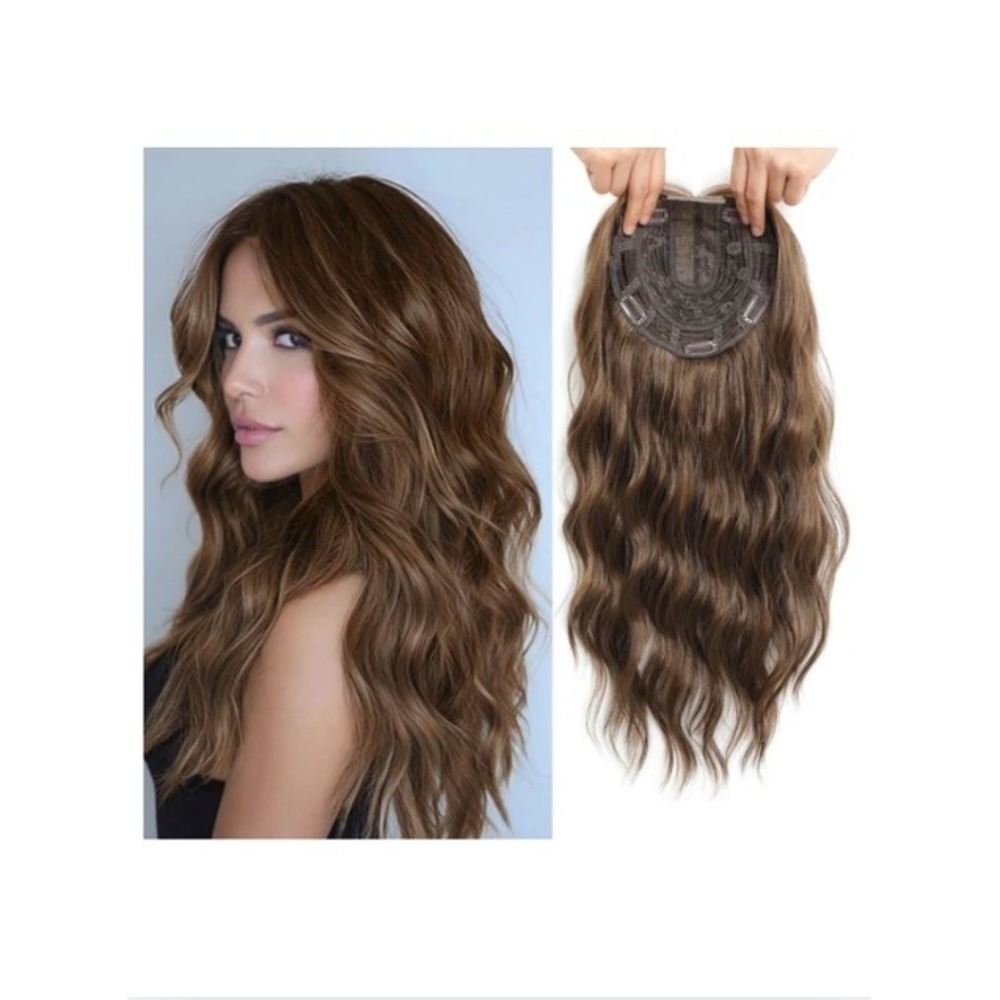 20in Wavy Hair Topper Medium Chestnut Brown Silk Base Lace Front Hairpiece